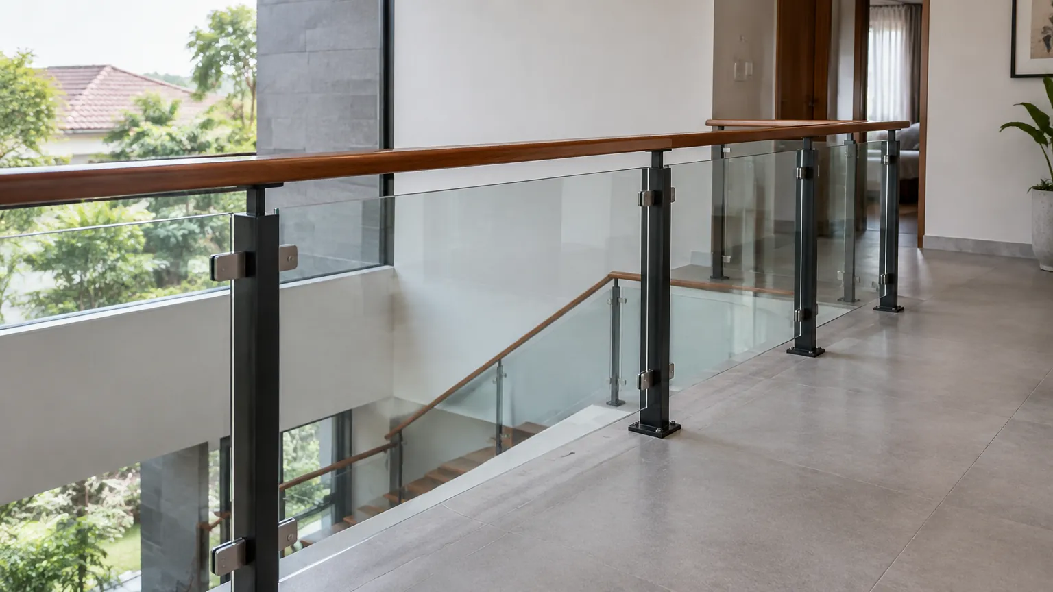 Railing kaca dan pegangan kayu pada sisi lantai atas