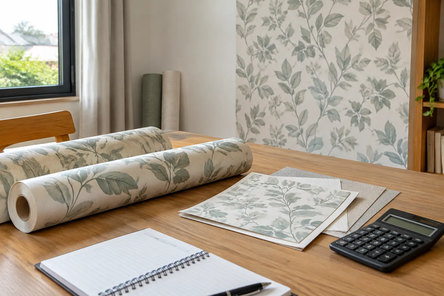 Wallpaper bermotif di dinding dengan gulungan bahan di meja