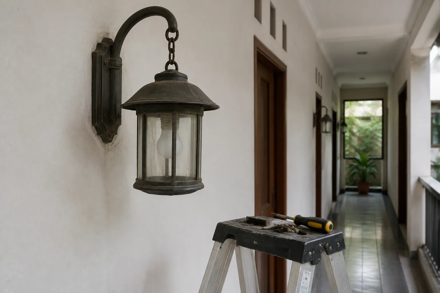 Lampu dinding bergaya lama terpasang di lorong rumah