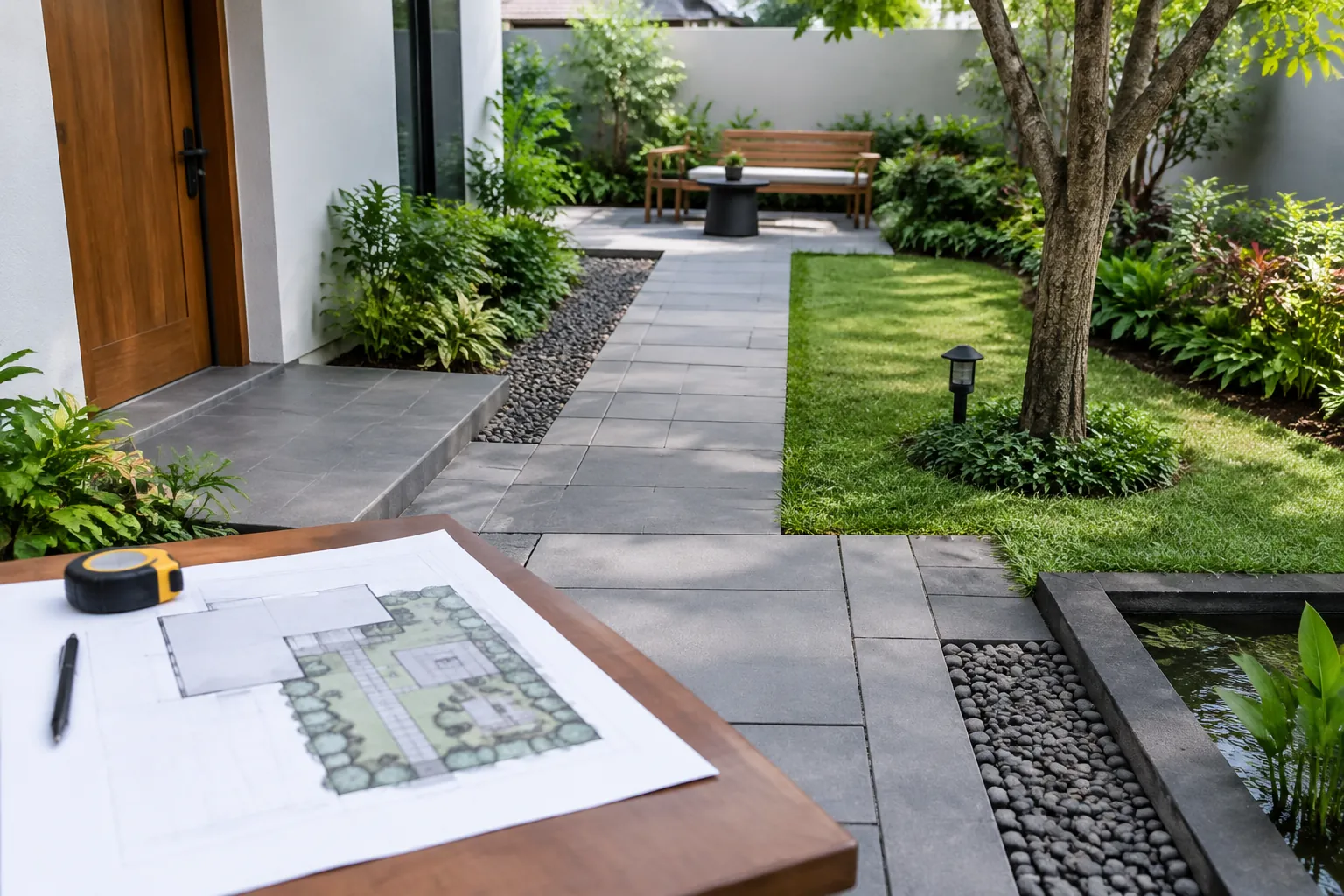 Denah taman di samping jalur batu yang akan ditata