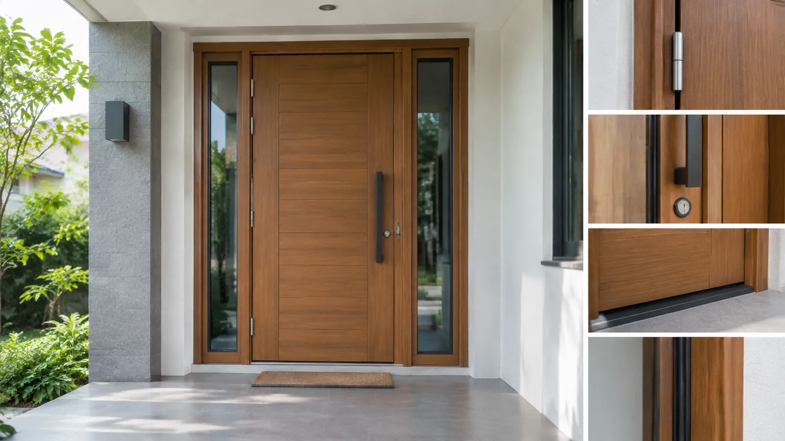 Pintu utama kayu dengan kaca samping dan detail bahan
