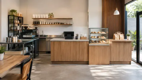 Area racik kafe dengan konter dan rak bahan