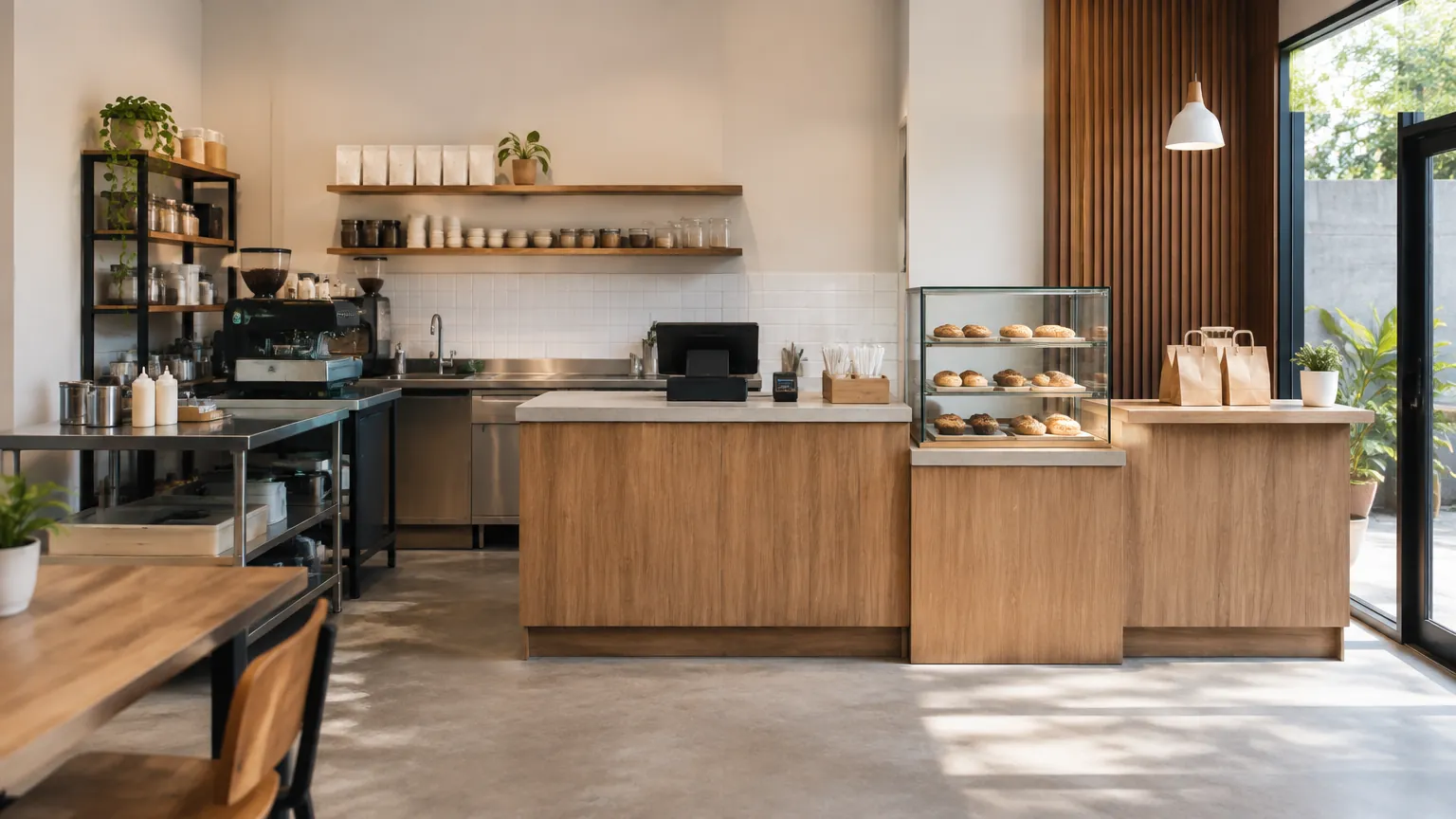 Area racik kafe dengan konter dan rak bahan