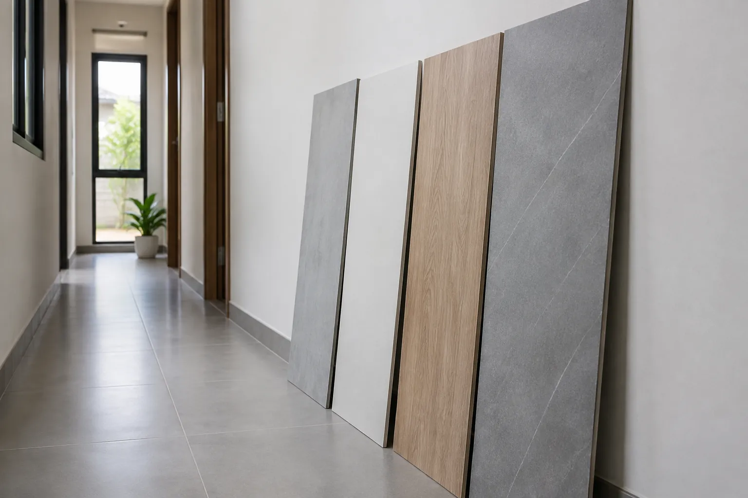 Sampel panel dinding disandarkan di lorong