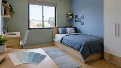 Kamar remaja dengan dinding biru dan sampel warna