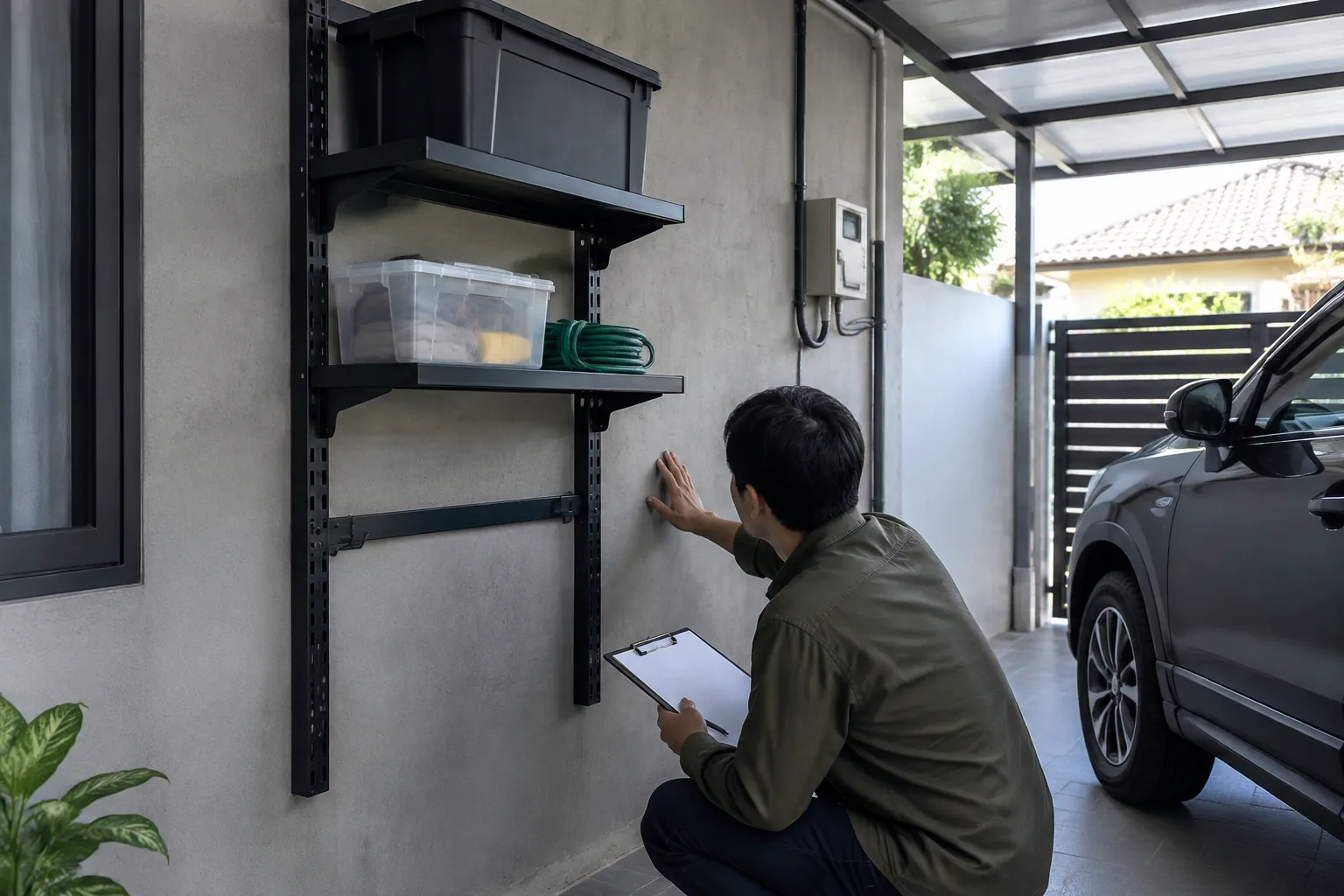 Seseorang memeriksa dinding carport sebelum memasang rak