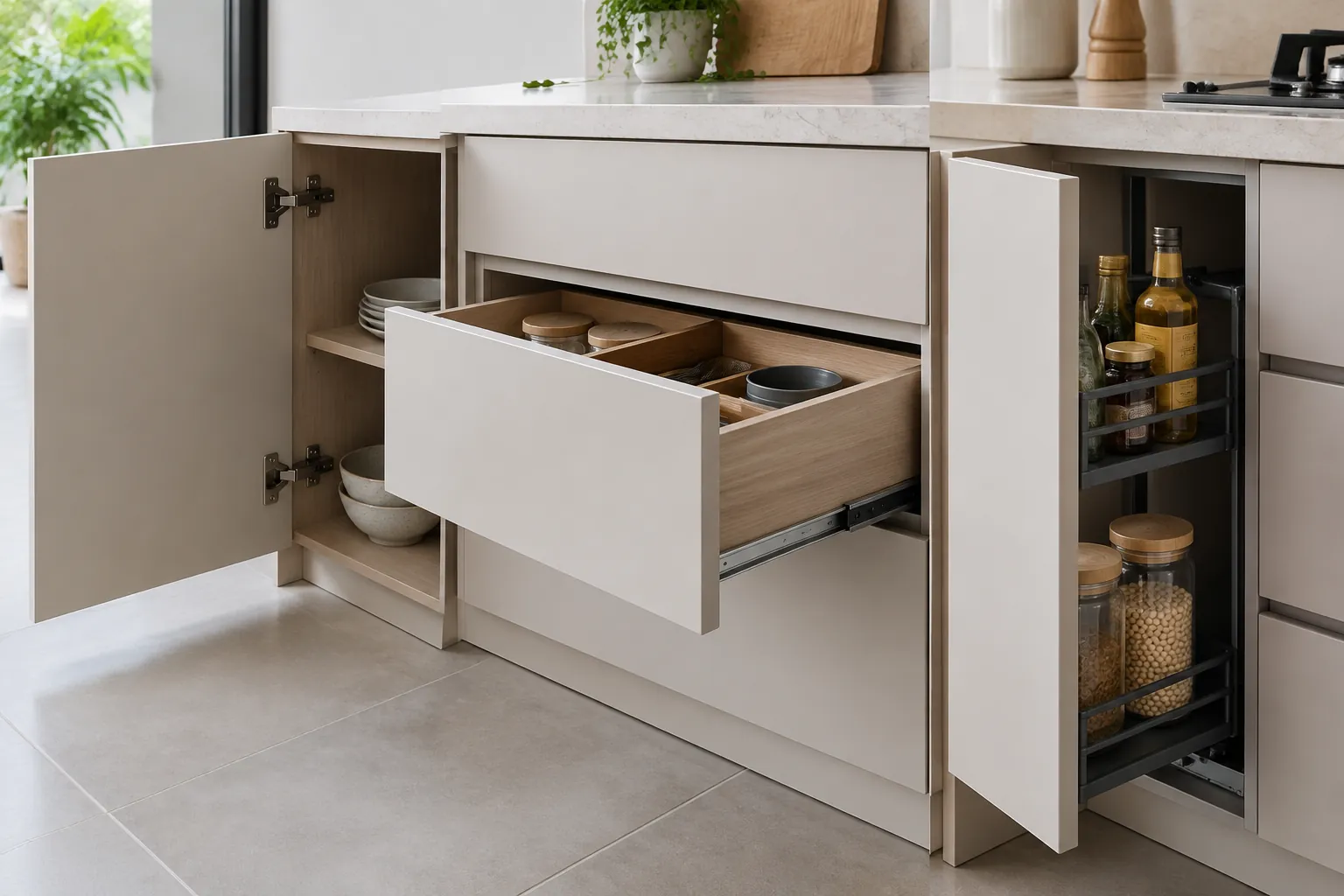 Kabinet dapur dengan laci dan pintu yang terbuka