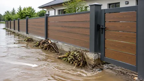 Pagar kayu dan logam di depan genangan banjir