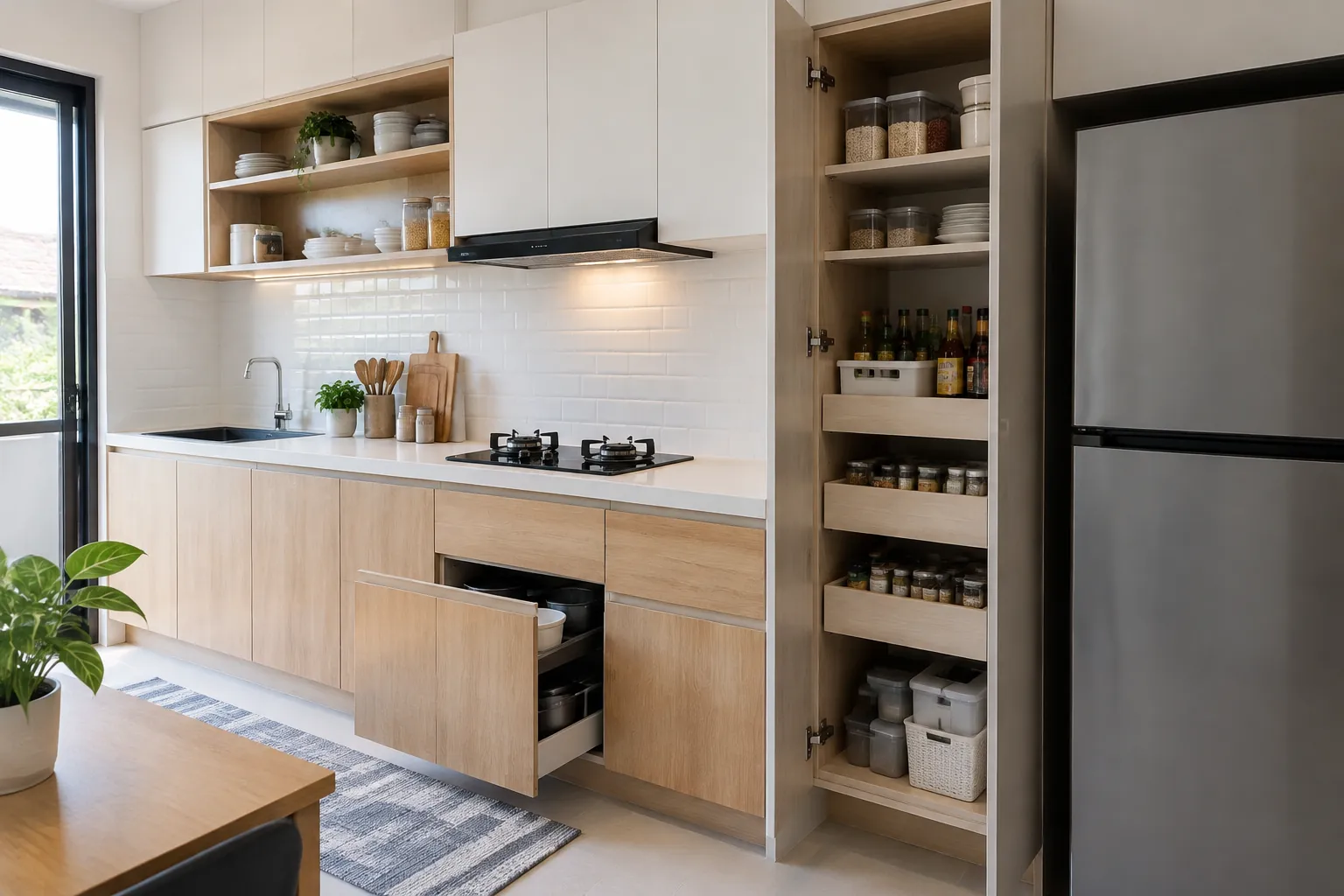 Laci dan rak kitchen set yang terbuka