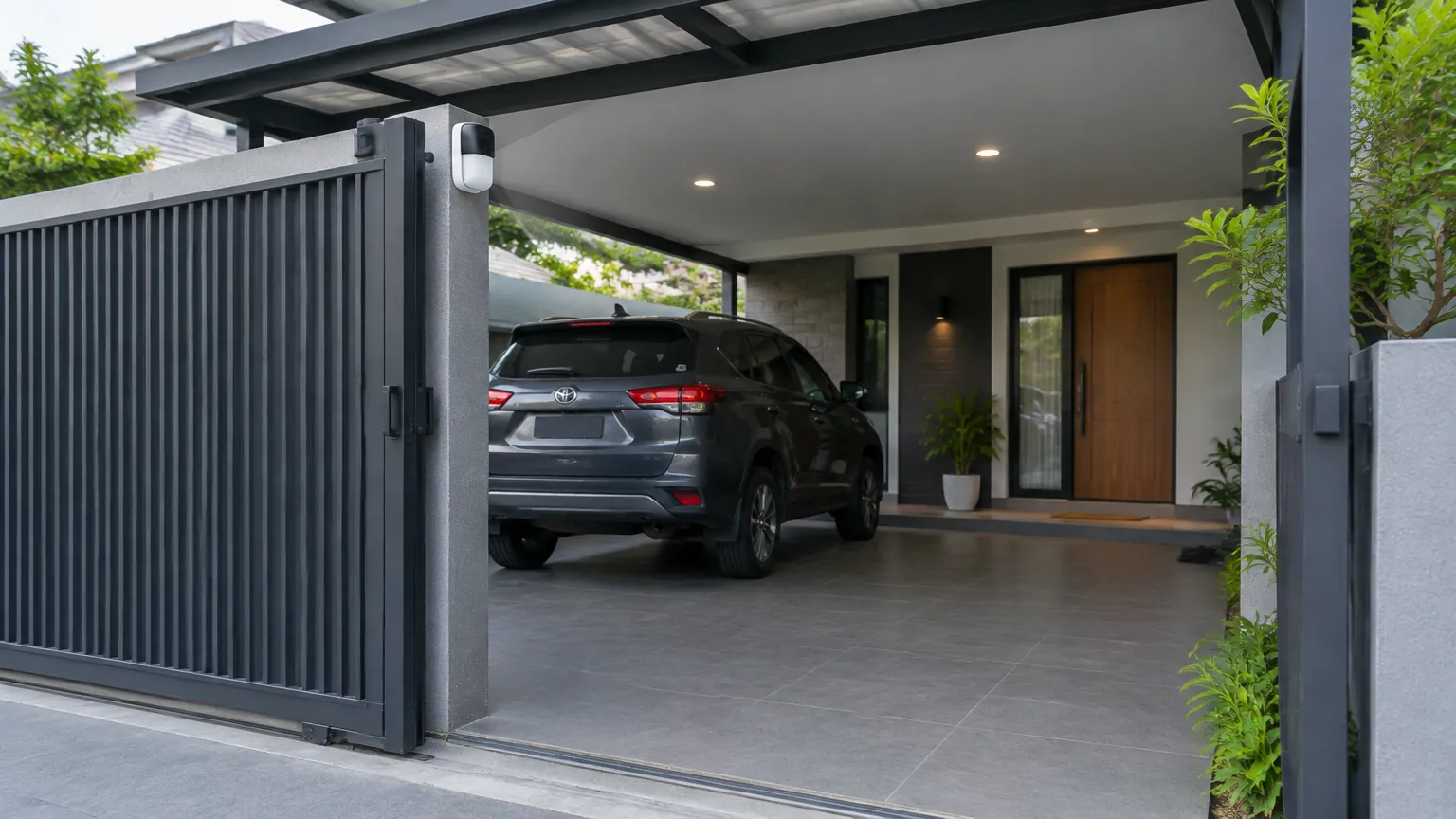 Carport dengan pintu gerbang dan kendaraan di bawah atap