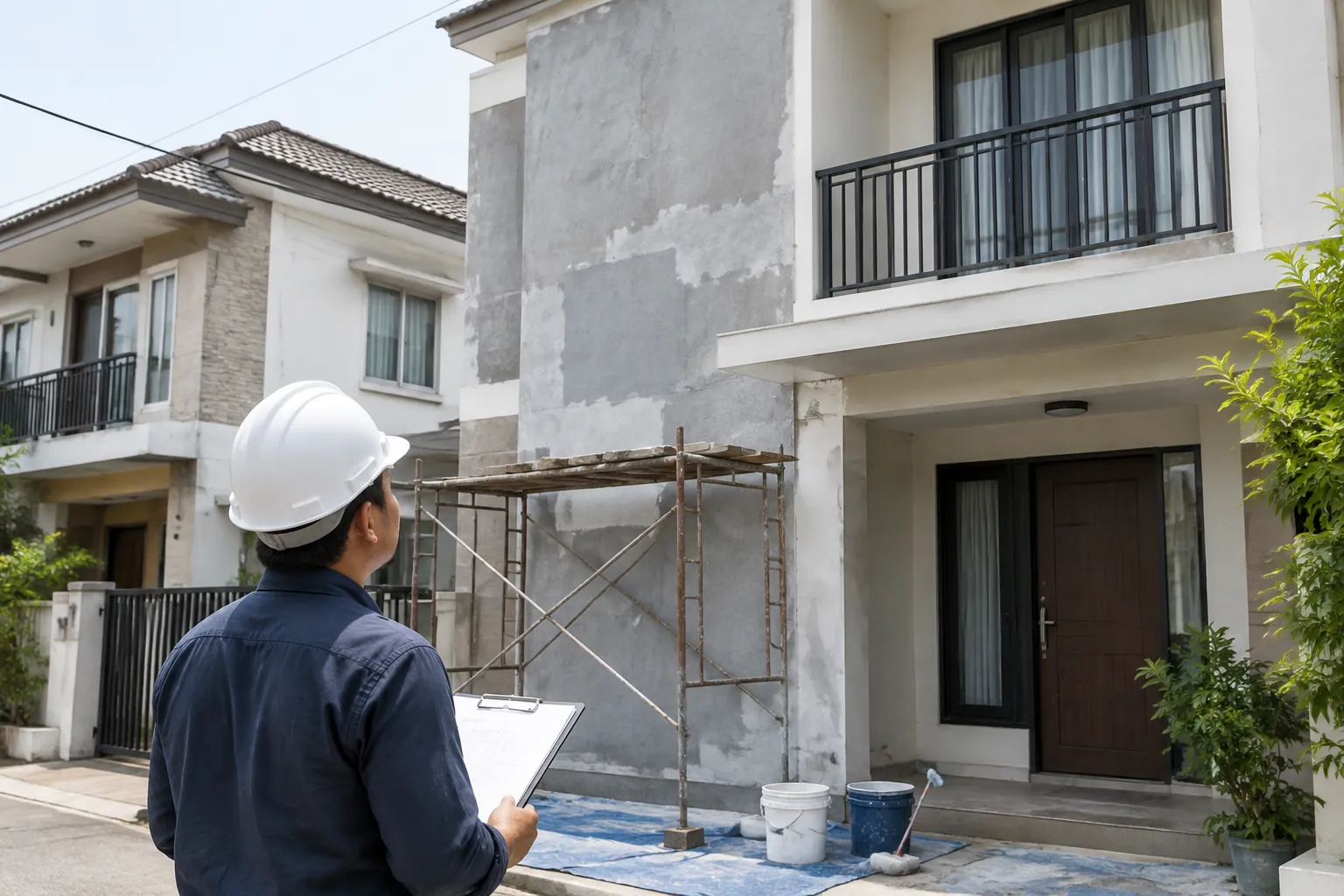 Pekerja meninjau fasad rumah yang sebagian sedang diperbaiki