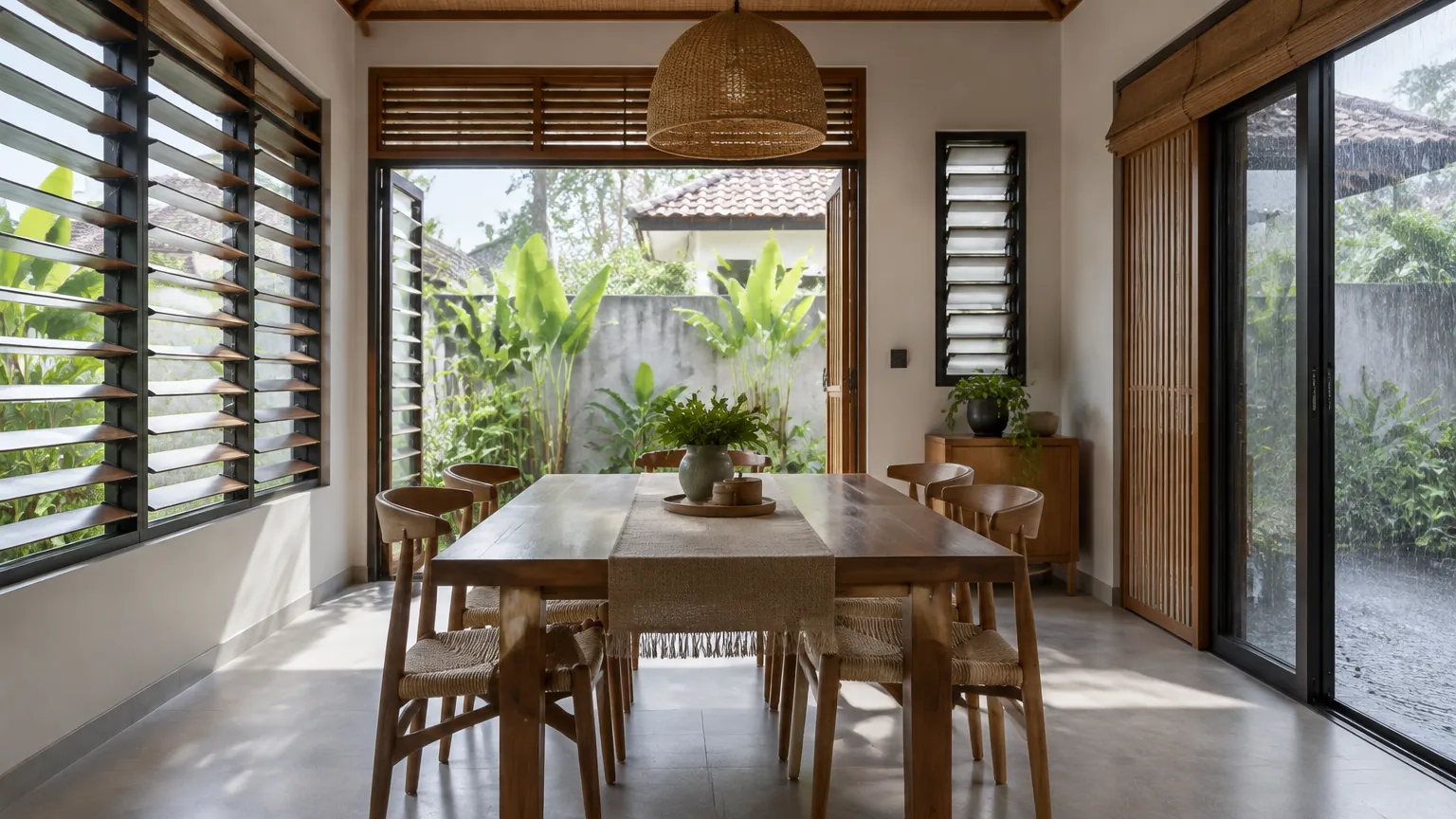Ruang makan dengan jendela berkisi dan pintu kaca ke luar