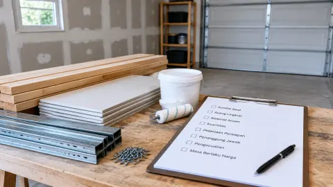 Ilustrasi bahan renovasi dan daftar lingkup pekerjaan di garasi