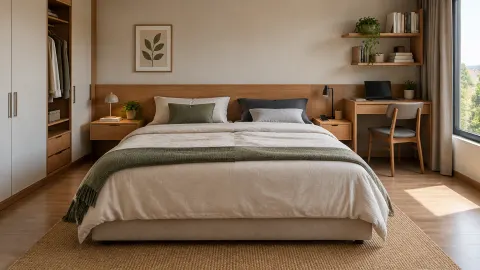 Tempat tidur dan meja kerja kecil pada satu kamar