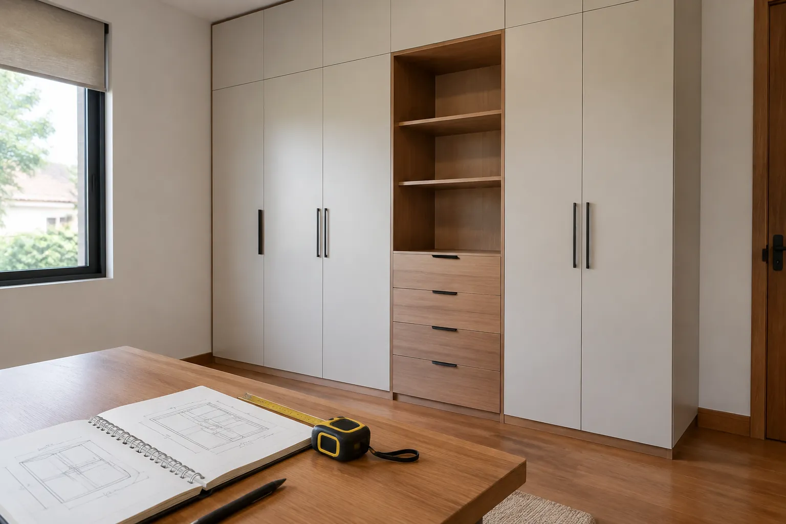 Kabinet built-in diukur dengan pita ukur dari area depan