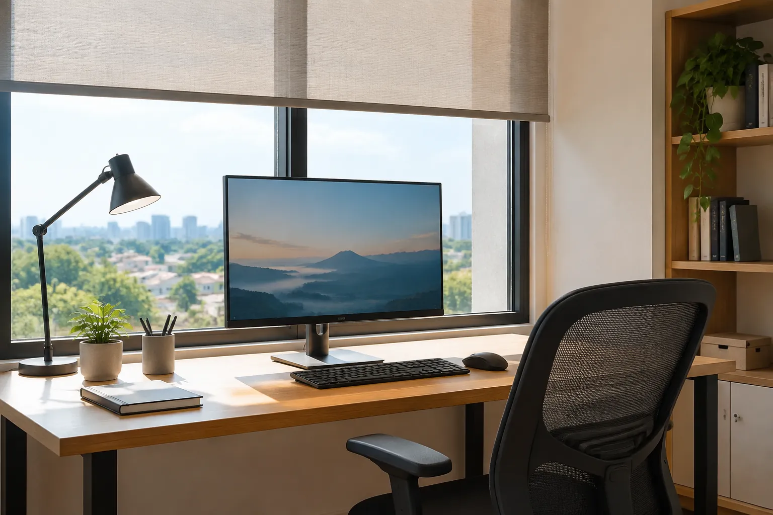 Monitor menghadap jendela dengan tirai yang diturunkan