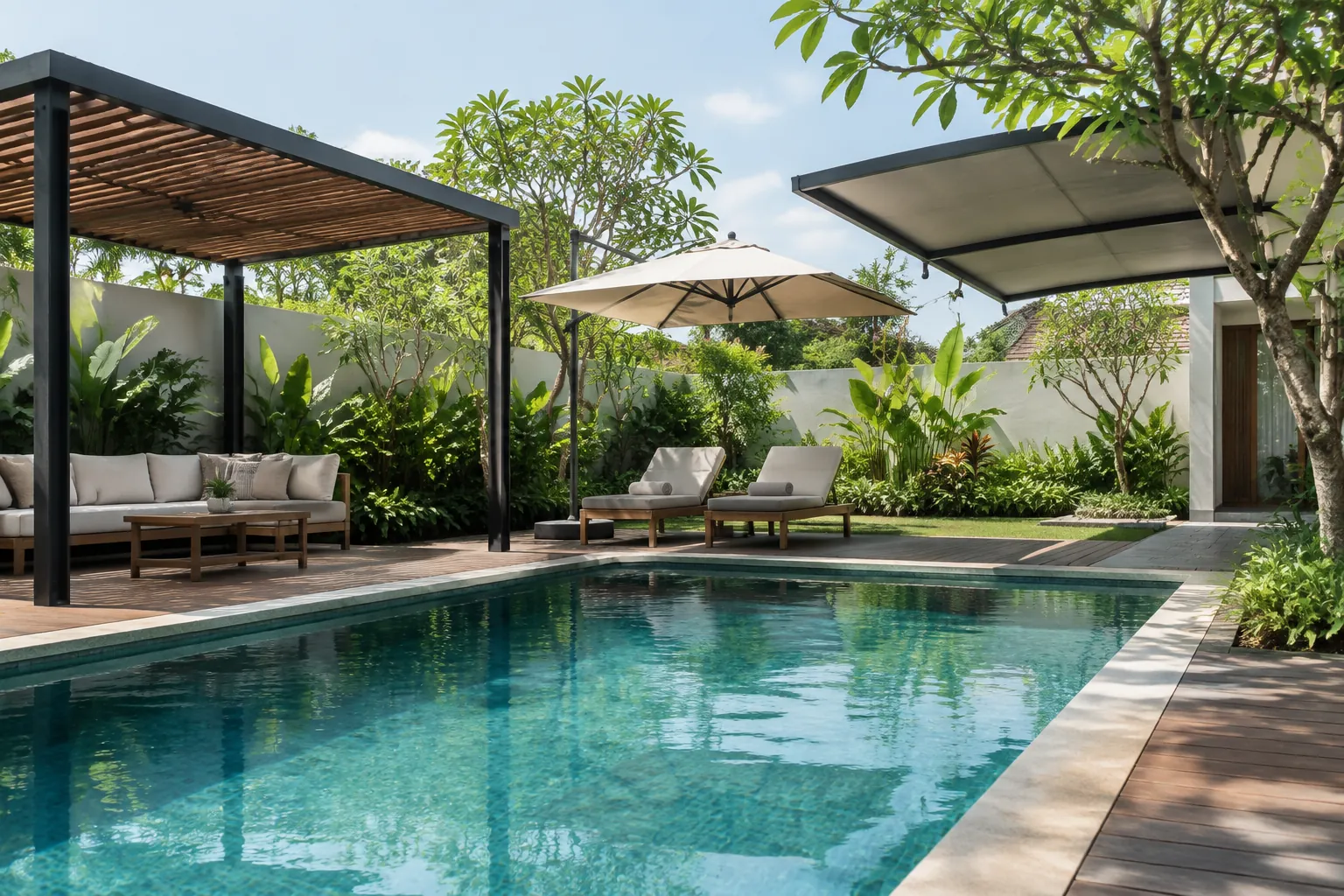 Pergola dan payung memberi pilihan area teduh di sekitar kolam