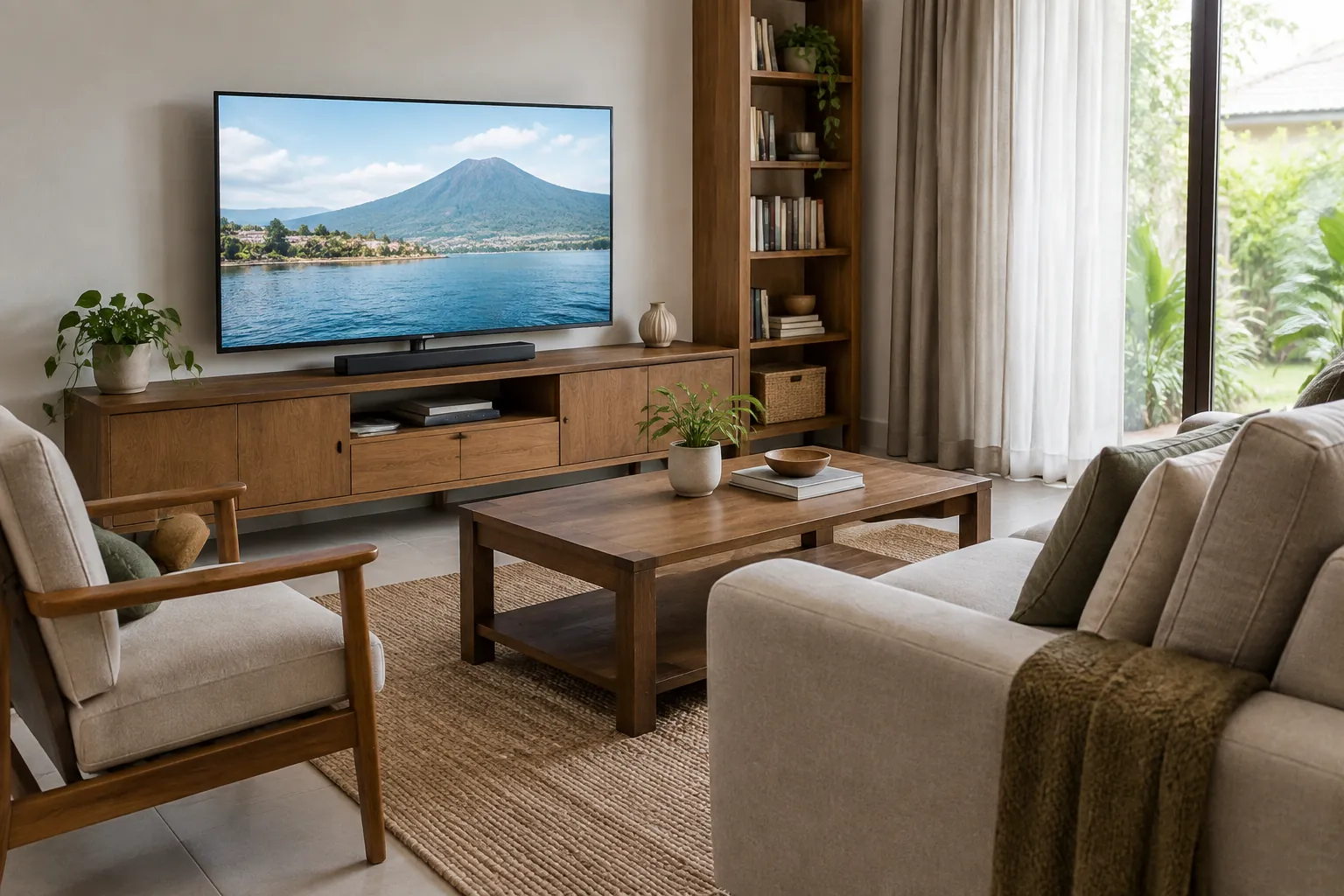 Sofa dan meja dalam ruang keluarga dengan televisi