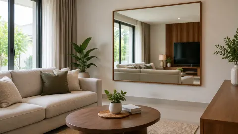 Cermin besar memantulkan sofa dan jendela ruang tamu
