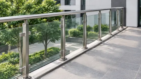 Railing kaca dan pegangan logam di tepi teras