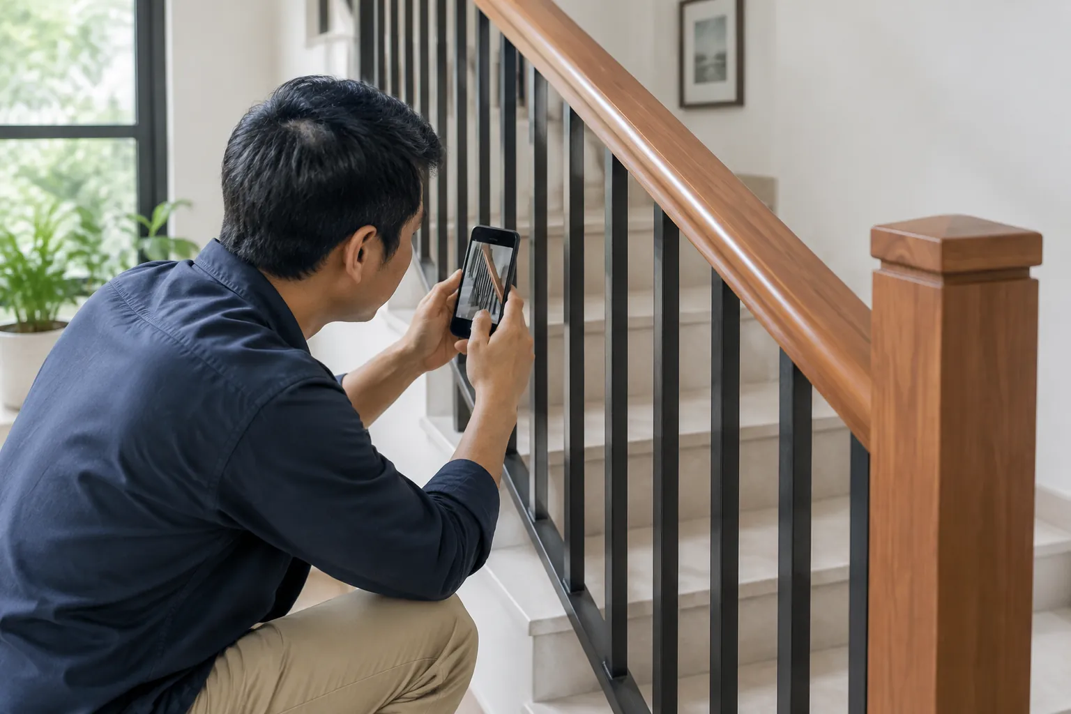 Orang memotret railing tangga.