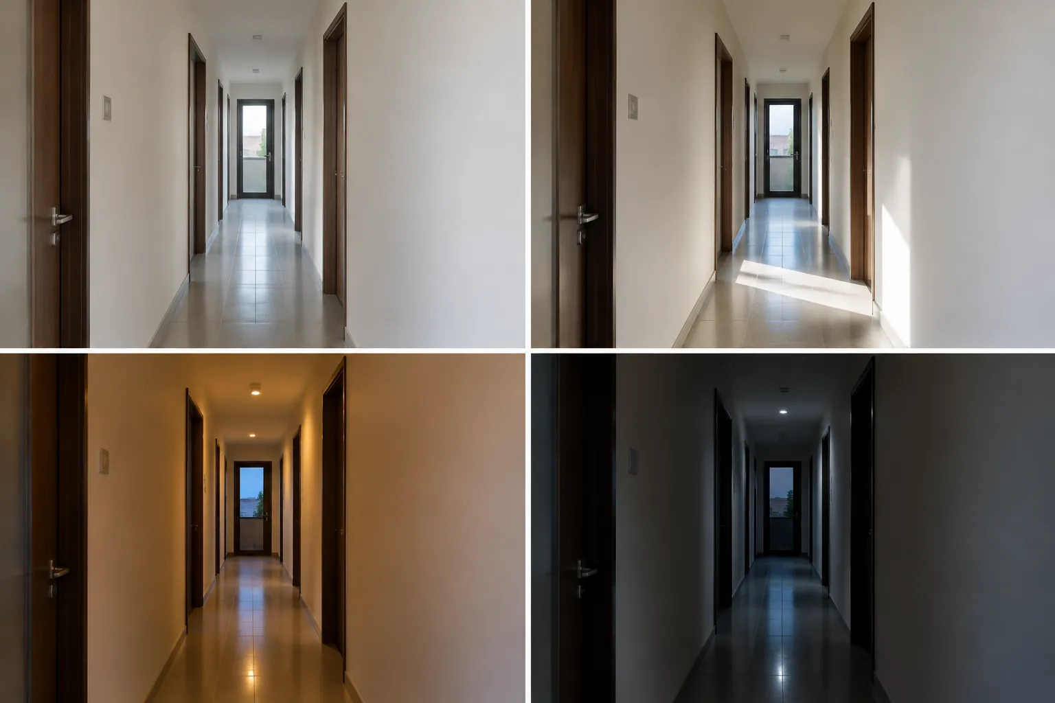 Empat tampilan lorong yang sama pada kondisi cahaya berbeda