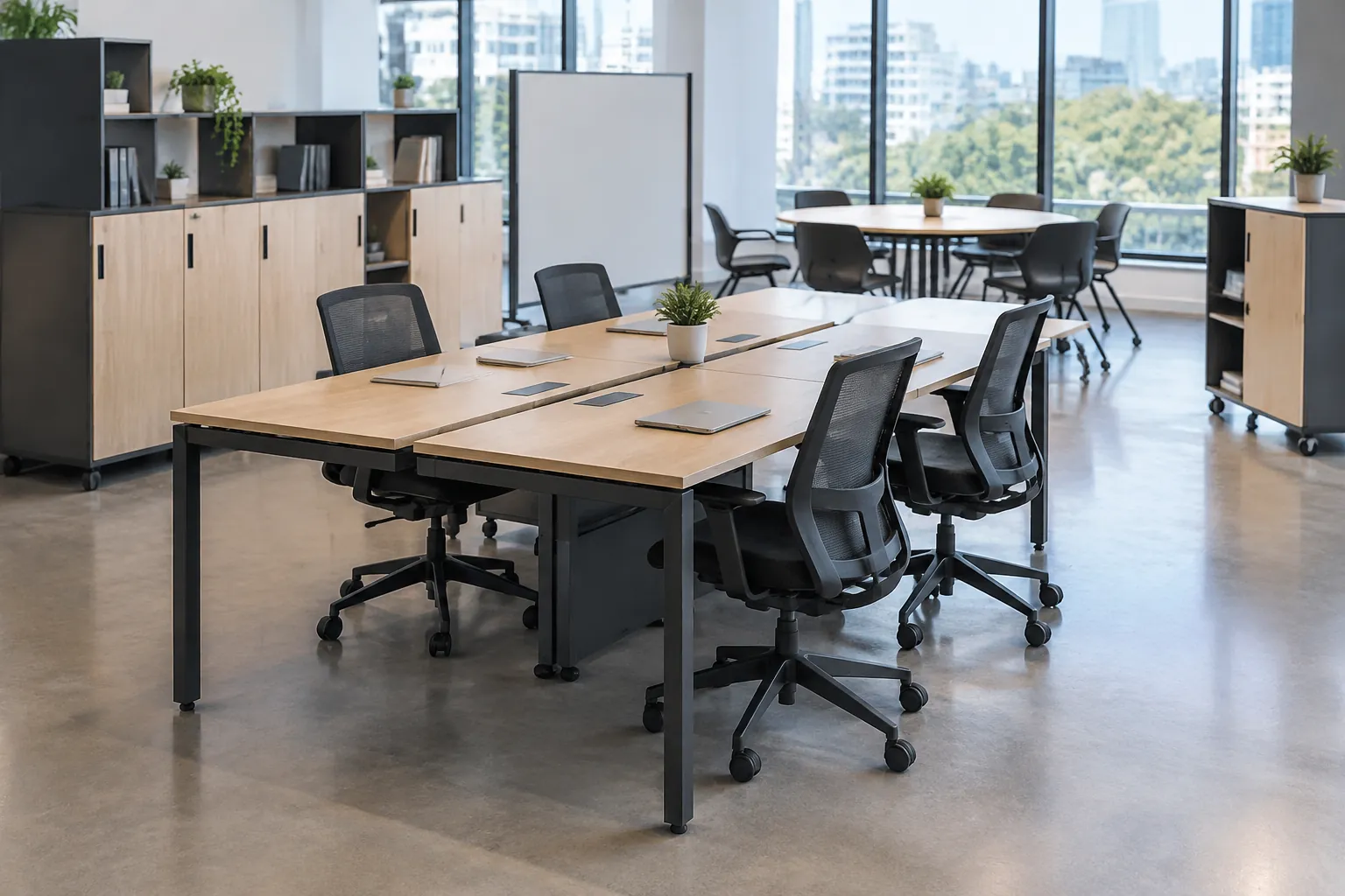 Beberapa meja modular kantor dengan kursi bergerak