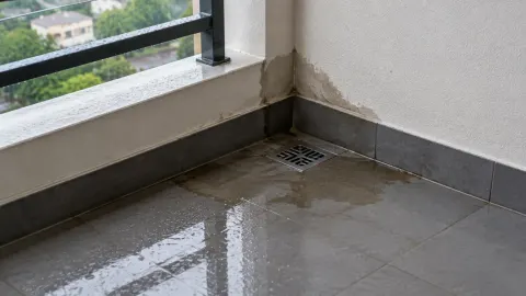 Genangan air di sudut balkon dekat saluran