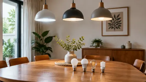 Lampu gantung di atas meja makan dengan beberapa contoh bohlam