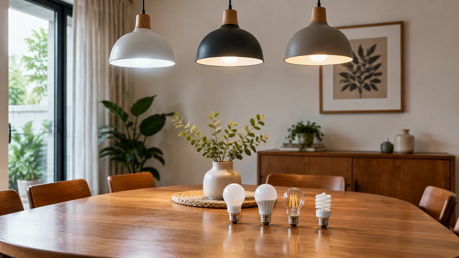 Lampu gantung di atas meja makan dengan beberapa contoh bohlam