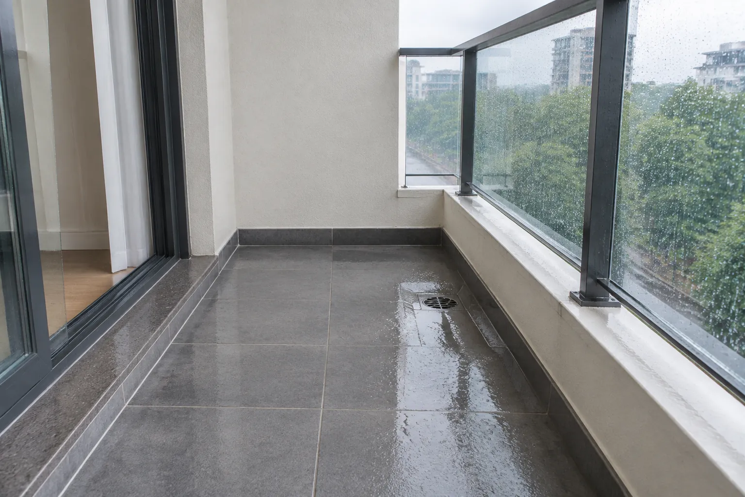 Lantai balkon basah dengan saluran air di dekatnya