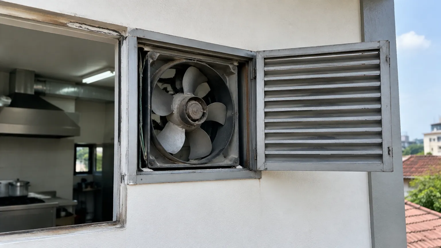 Kipas ventilasi luar dengan penutup terbuka