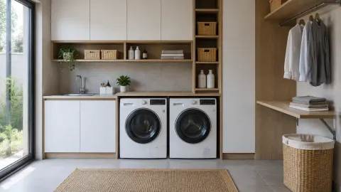Ruang laundry khusus dengan mesin cuci dan lemari penyimpanan