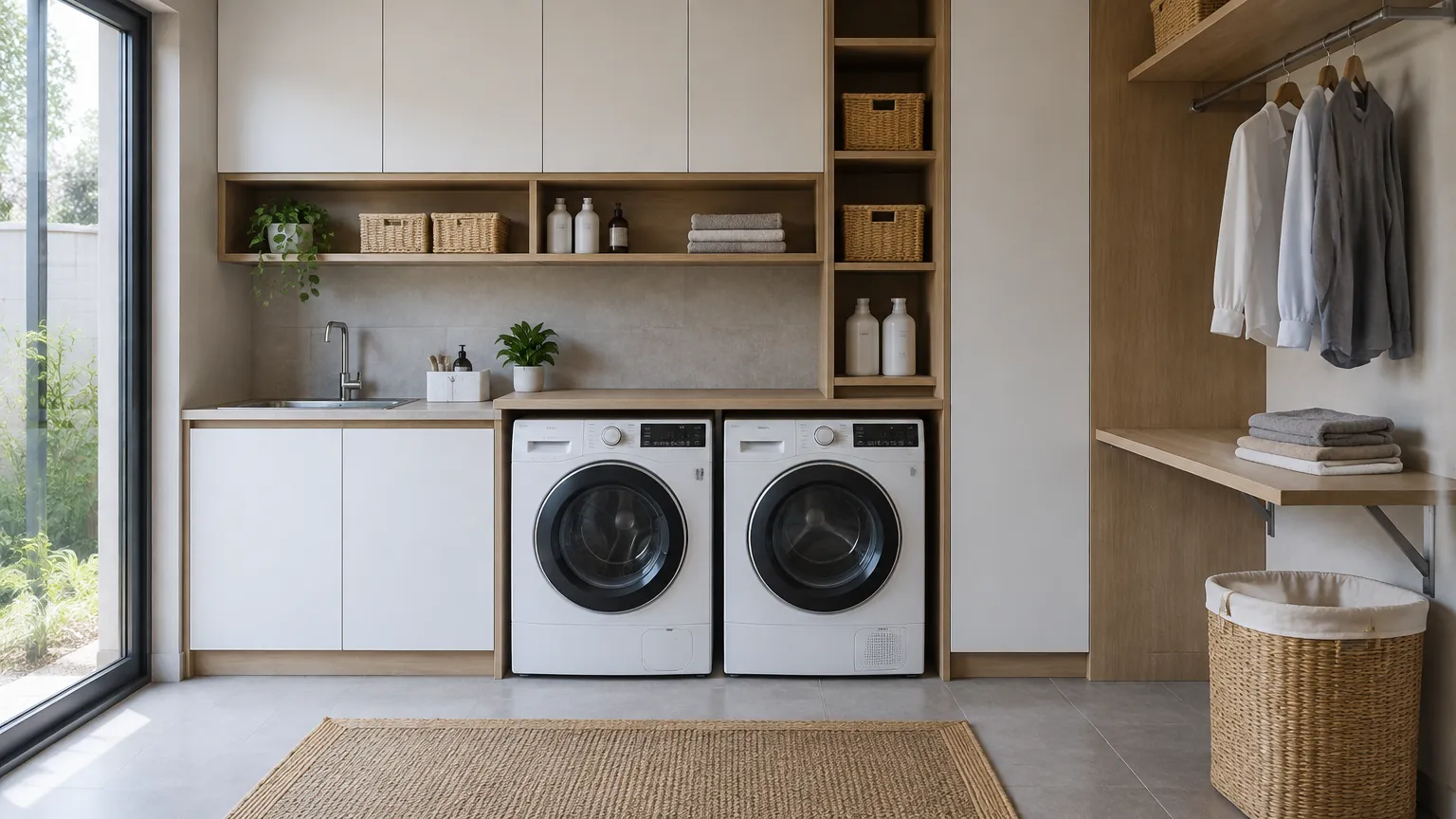 Ruang laundry khusus dengan mesin cuci dan lemari penyimpanan