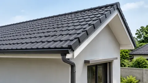 Atap genteng miring dengan talang pada sisi rumah
