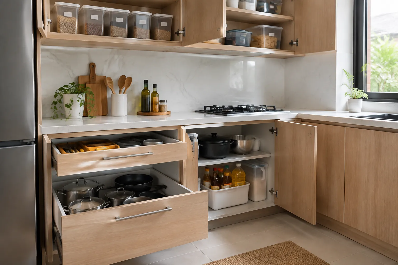 Laci dan kabinet bawah dapur terbuka menampilkan peralatan memasak