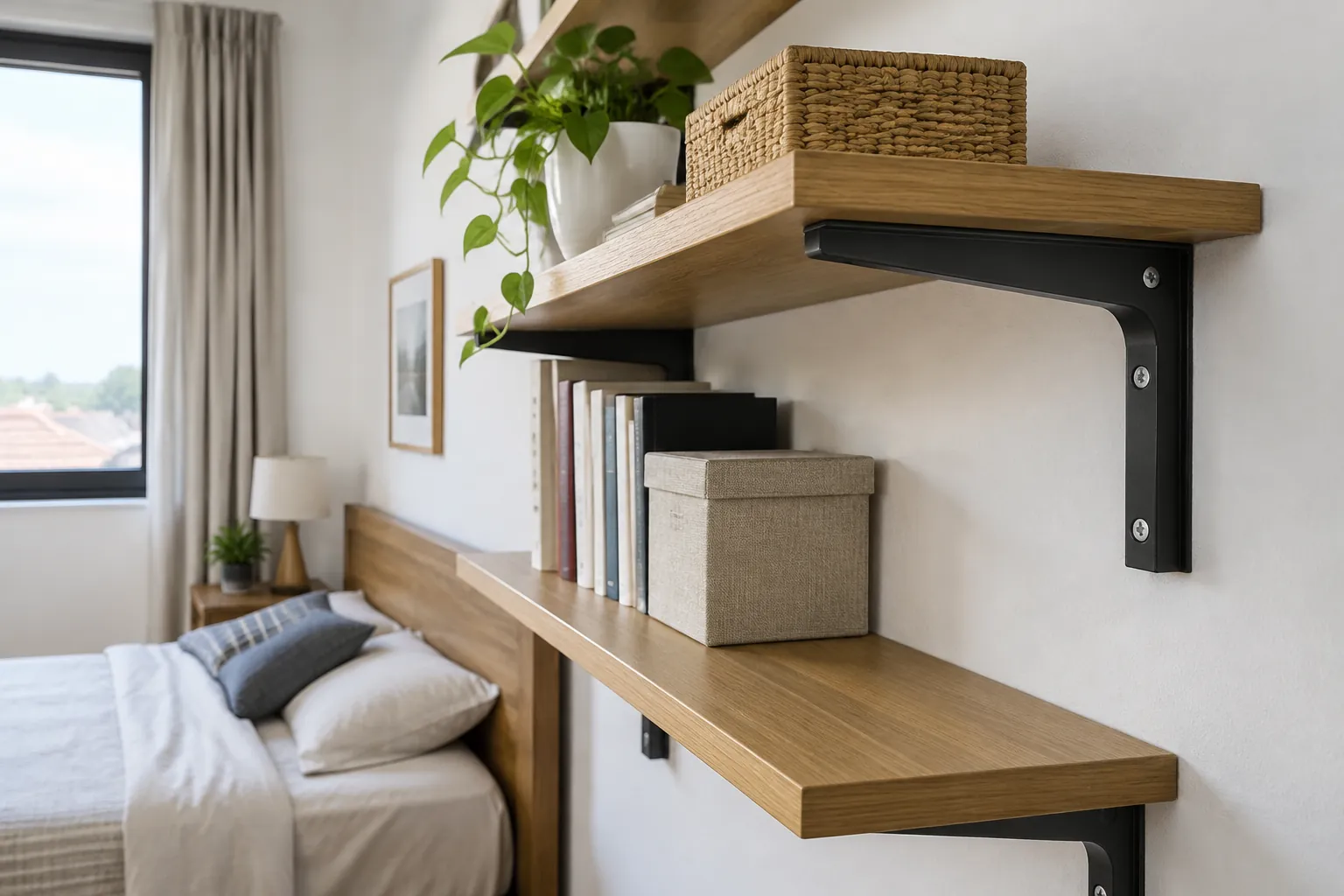 Rak kayu melayang dengan penyangga logam di dinding kamar