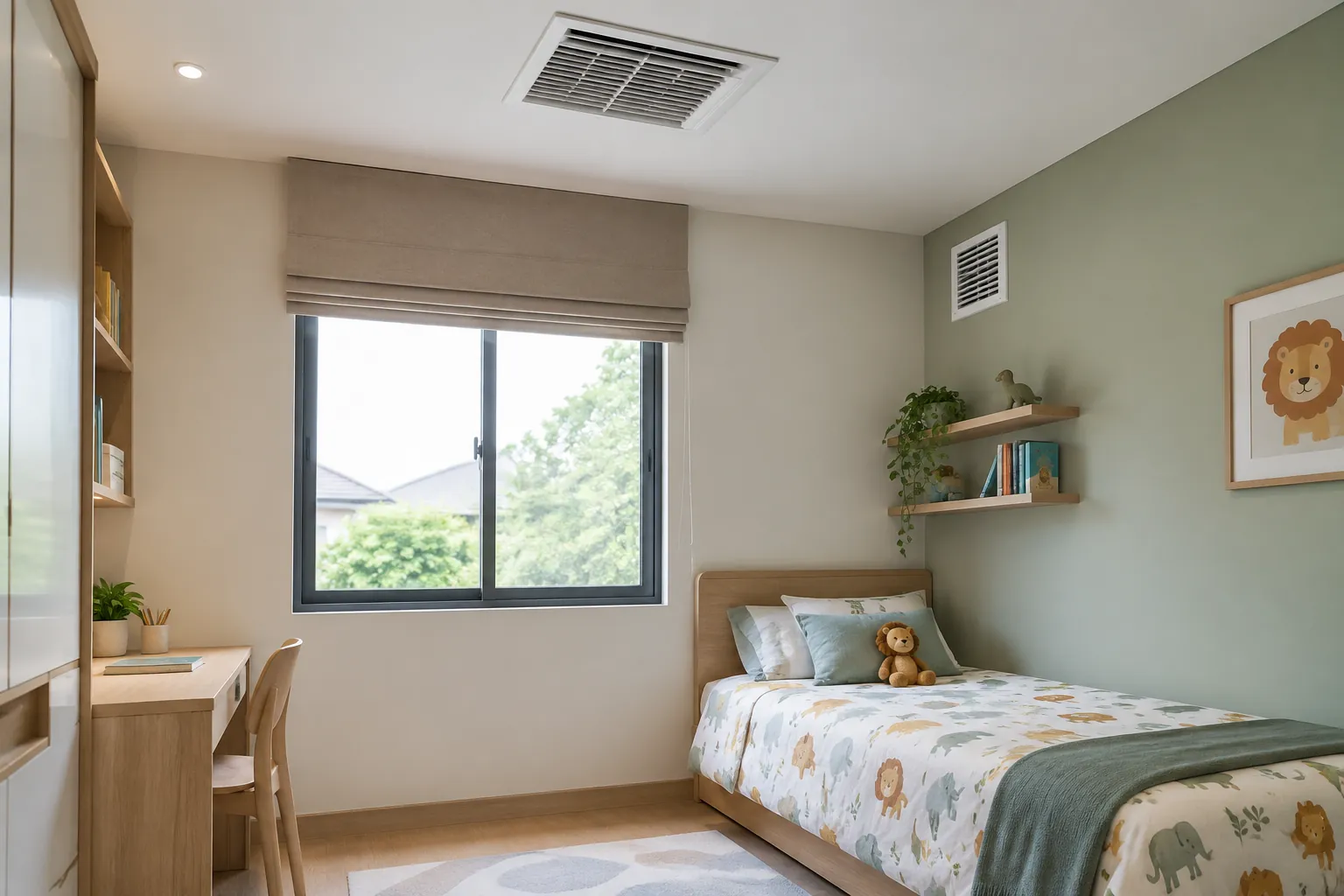 Kisi ventilasi mekanis berada pada plafon kamar anak