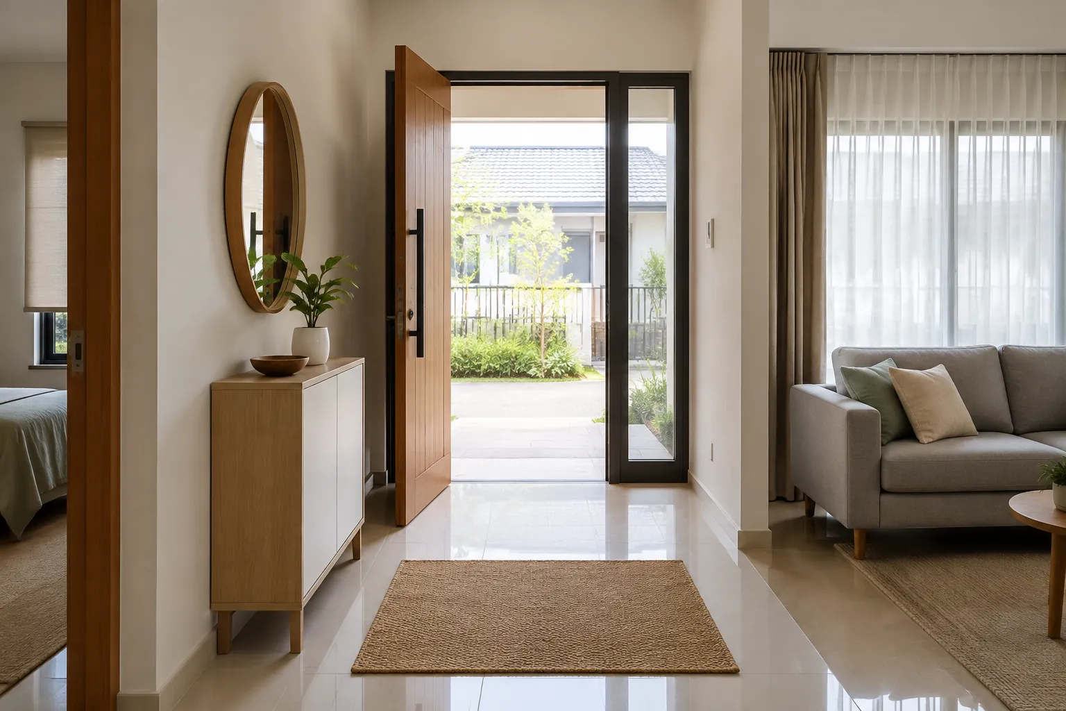 Pintu masuk rumah membuka ke foyer kecil dan ruang duduk
