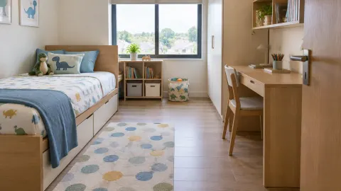 Kamar anak dengan jalur lantai antara tempat tidur dan meja