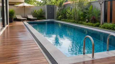 Kolam renang dengan dek kayu dan saluran tepi