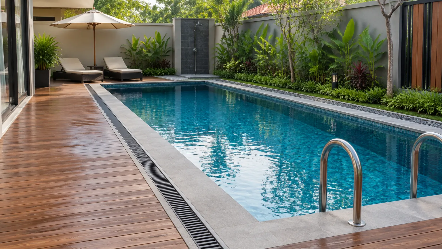Kolam renang dengan dek kayu dan saluran tepi