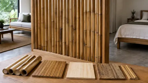 Partisi bilah bambu dan sampel material di ruang rumah