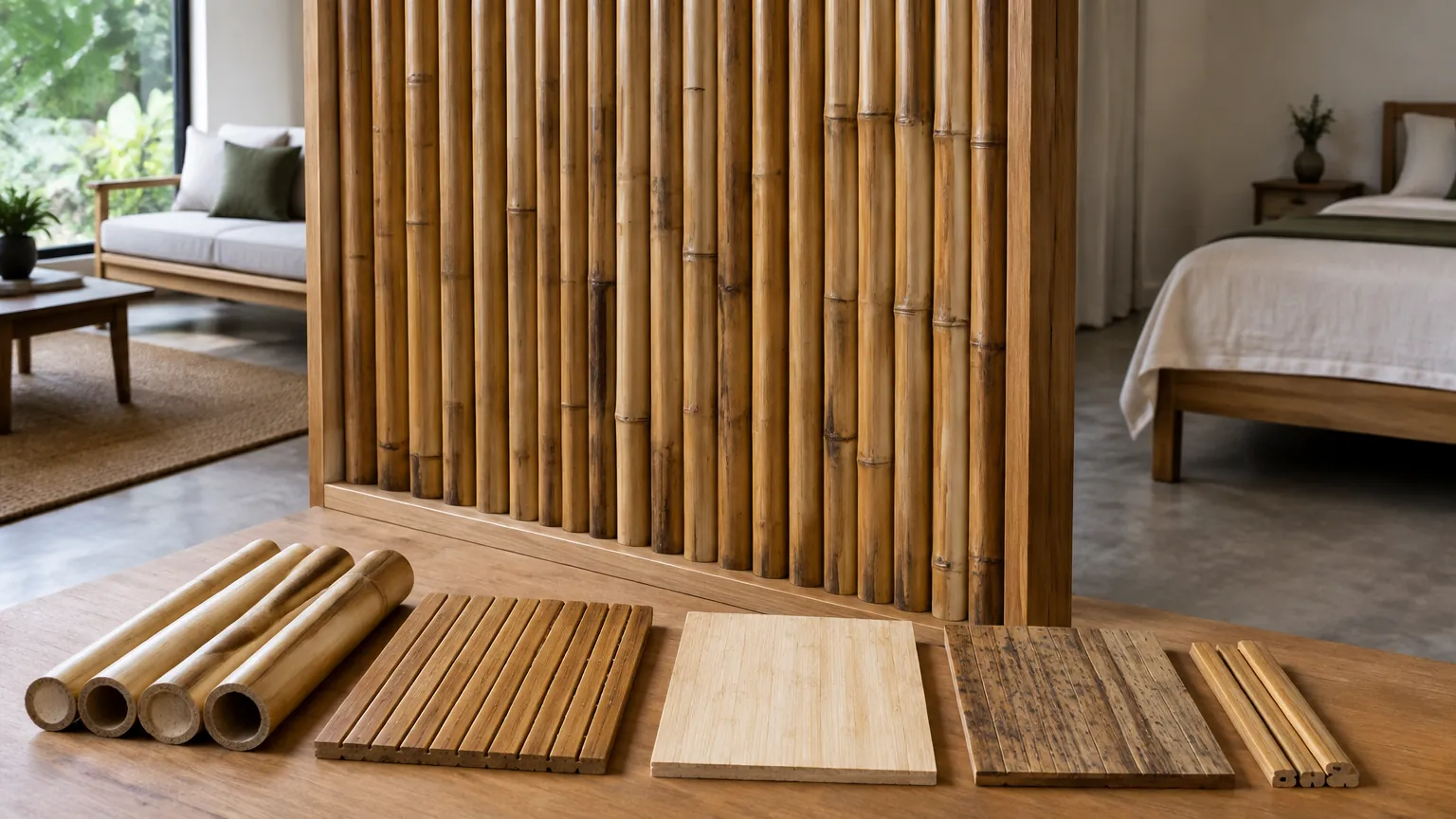 Partisi bilah bambu dan sampel material di ruang rumah