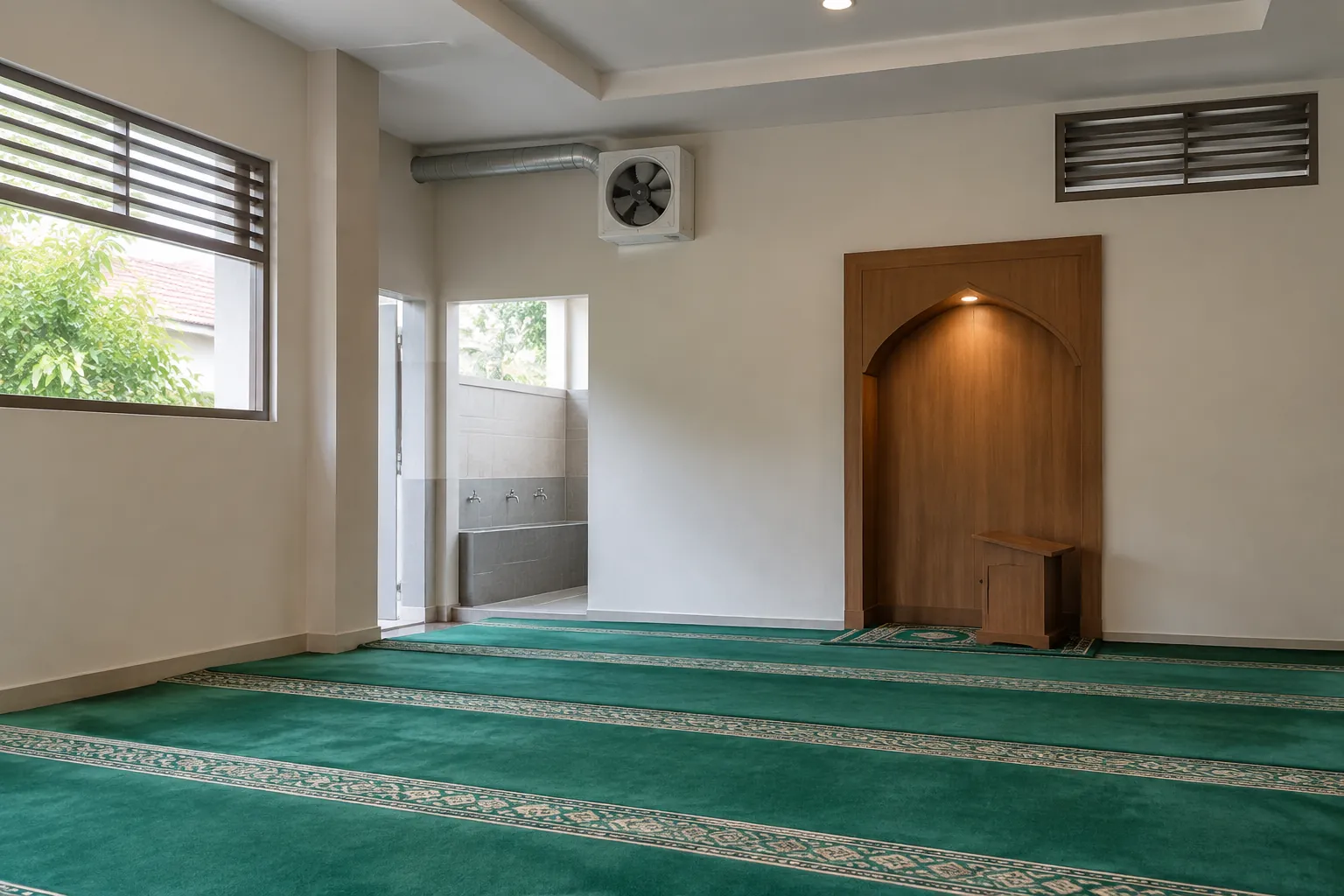 Kipas dinding, kisi udara, dan bukaan jendela berada di ruang salat