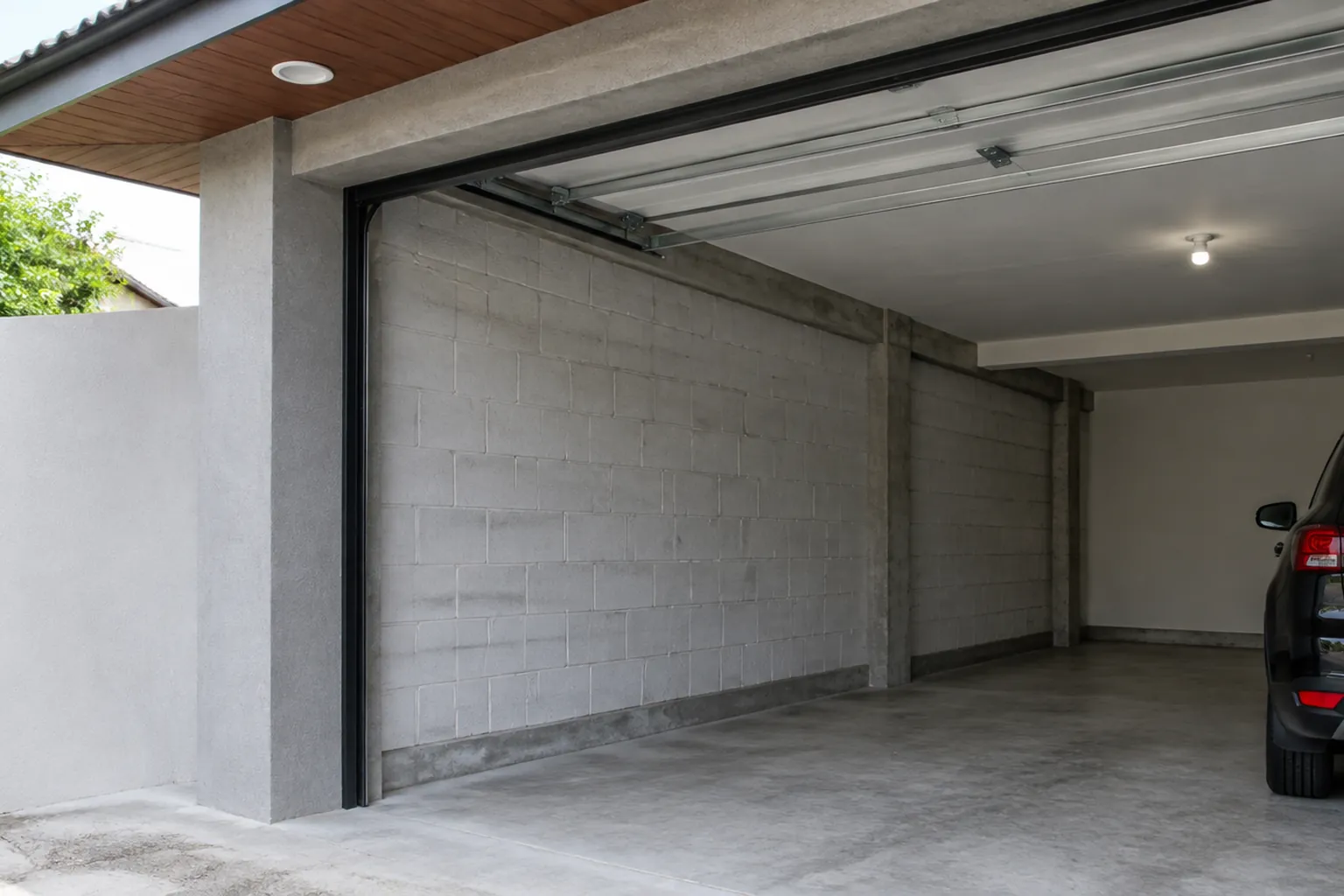 Bukaan pintu garasi dengan dinding di kedua sisinya