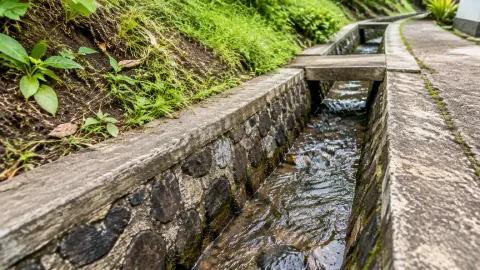 Saluran drainase batu di sisi jalan menurun