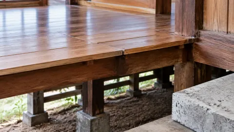 Papan lantai rumah panggung di atas rangka dan pondasi