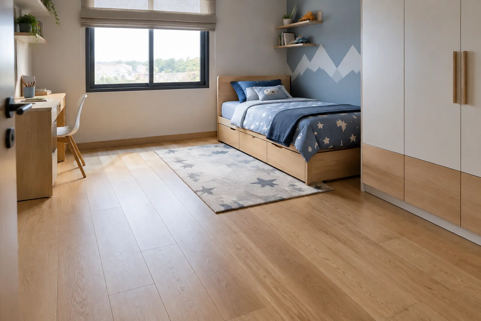 Papan lantai terpasang searah pada kamar anak