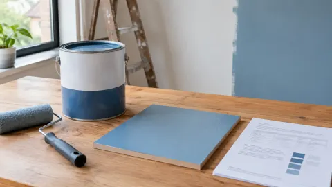 Kaleng cat dan sampel warna biru di meja kerja